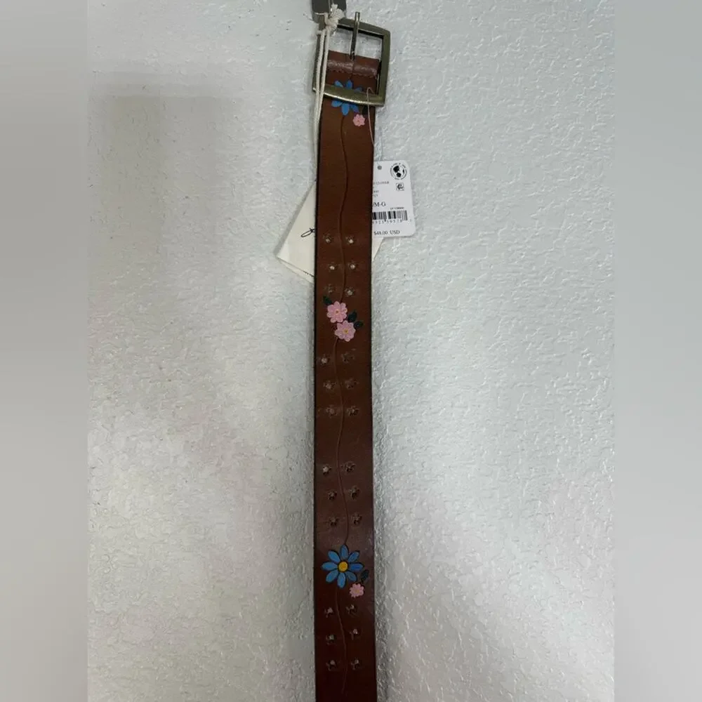 NWT Free People Eye Candy Leather Belt in Ground Clover Floral Accents Boho